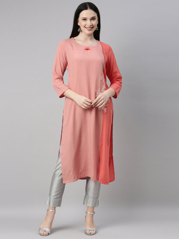 Neerus Peach Color Slub Riyon Fabric Kurta