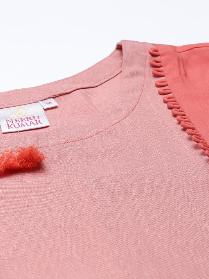 Neerus Peach Color Slub Riyon Fabric Kurta