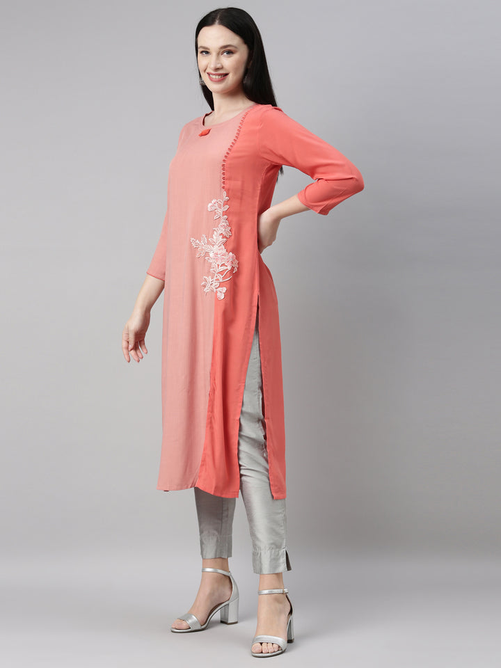 Neerus Peach Color Slub Riyon Fabric Kurta