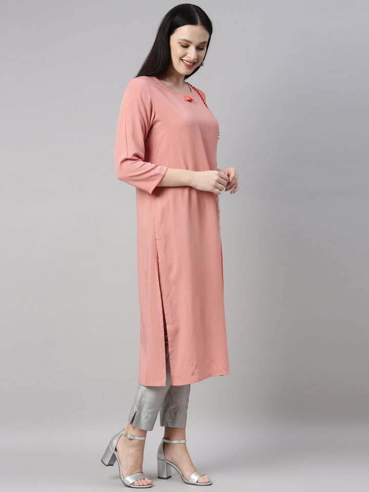 Neerus Peach Color Slub Riyon Fabric Kurta