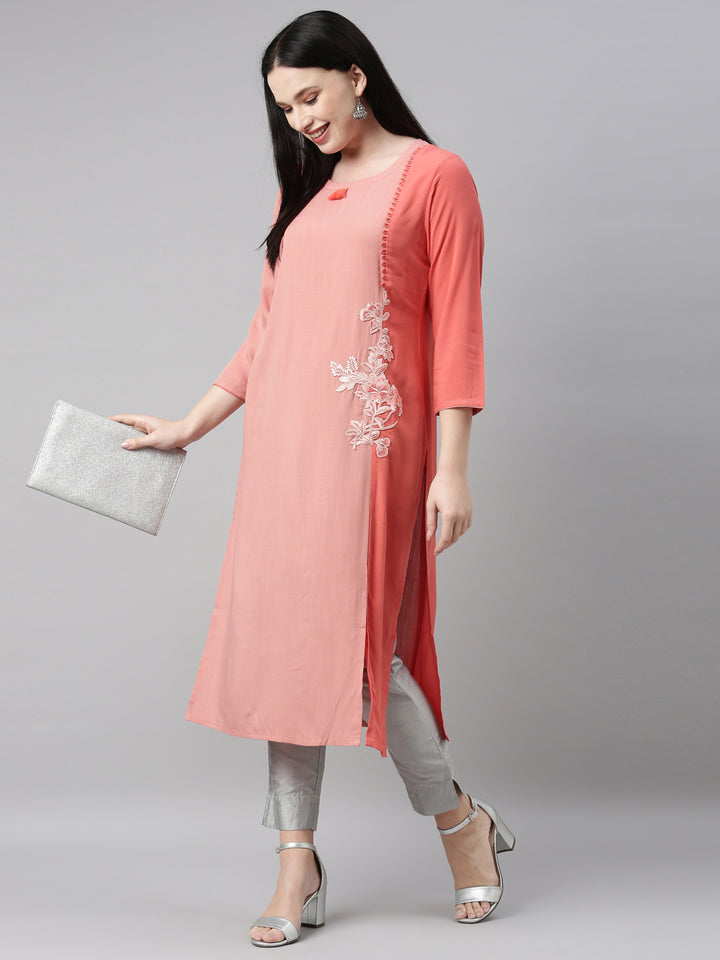 Neerus Peach Color Slub Riyon Fabric Kurta