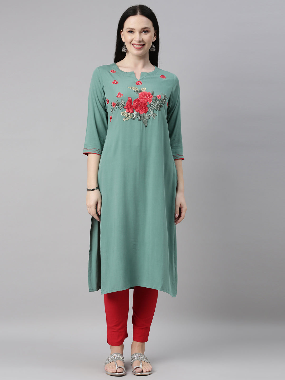Neerus Green viscose rayon straight kurti - front view