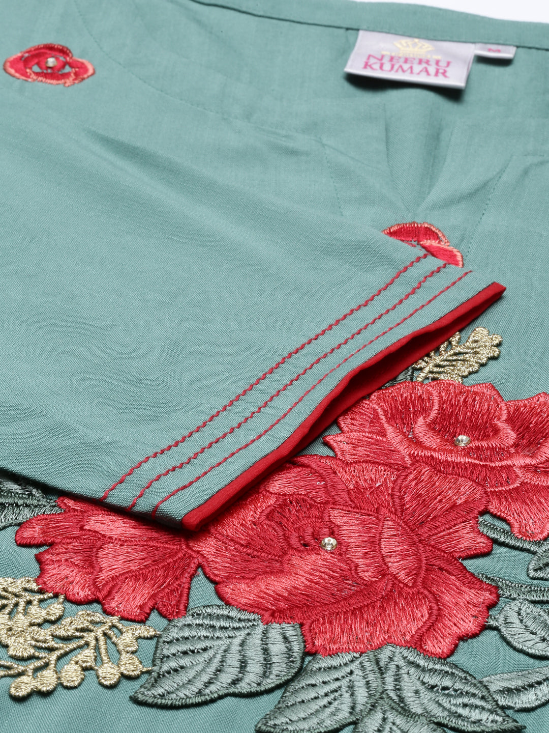 Neerus Green viscose rayon straight kurti - detail view 3