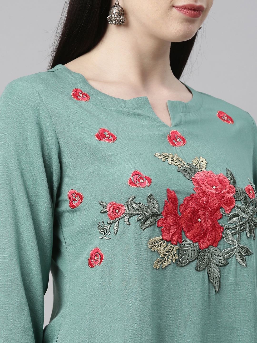 Neerus Green viscose rayon straight kurti - detail view 4