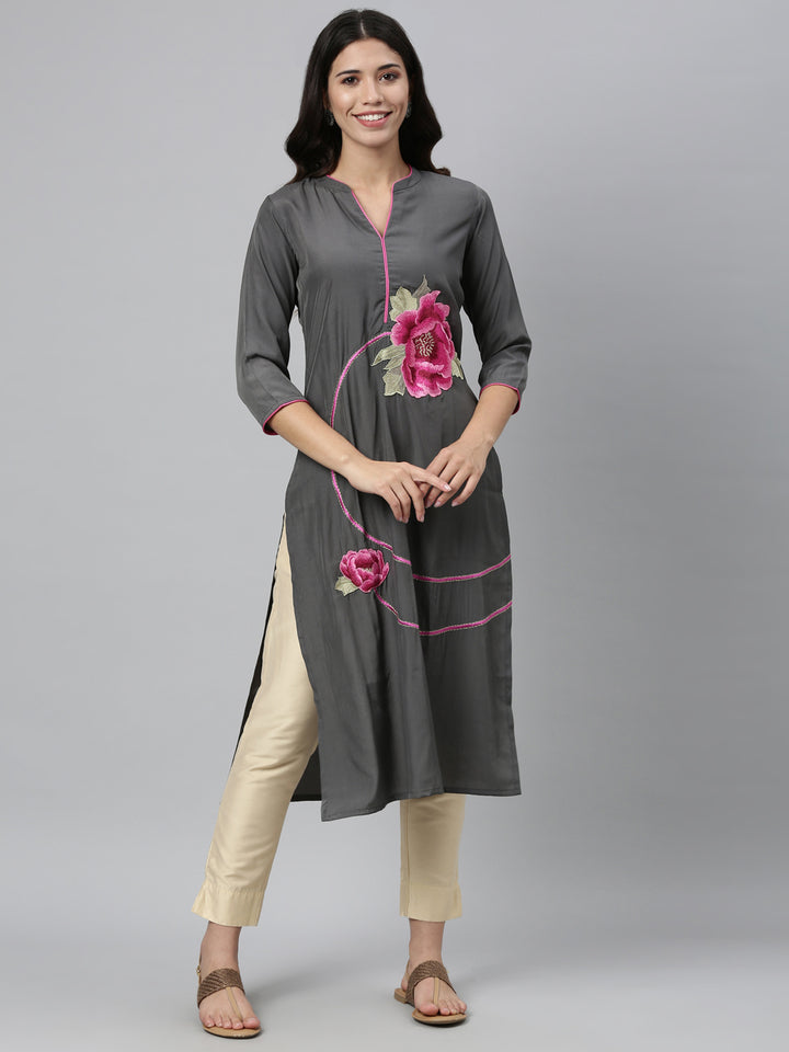 Neerus Grey viscose rayon embroidered kurti - detail view 5