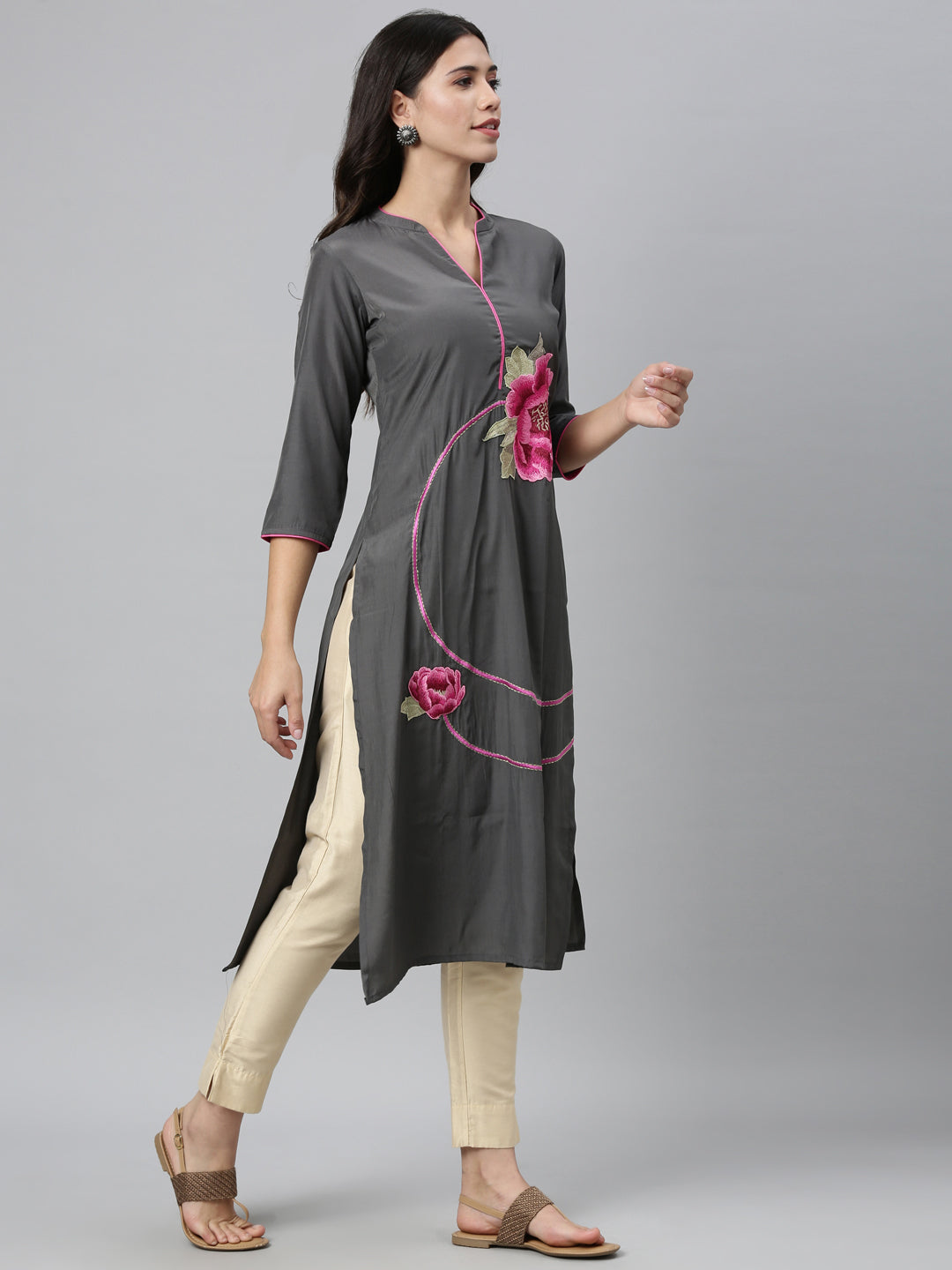 Neerus Grey viscose rayon embroidered kurti - front view