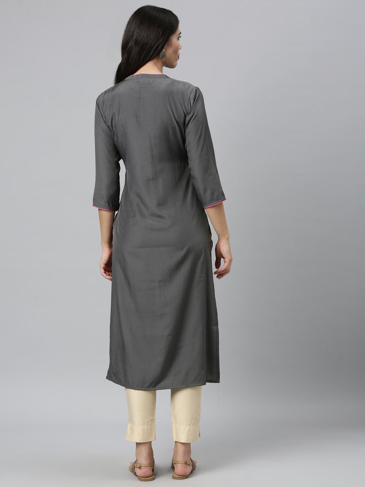 Neerus Grey viscose rayon embroidered kurti - back view