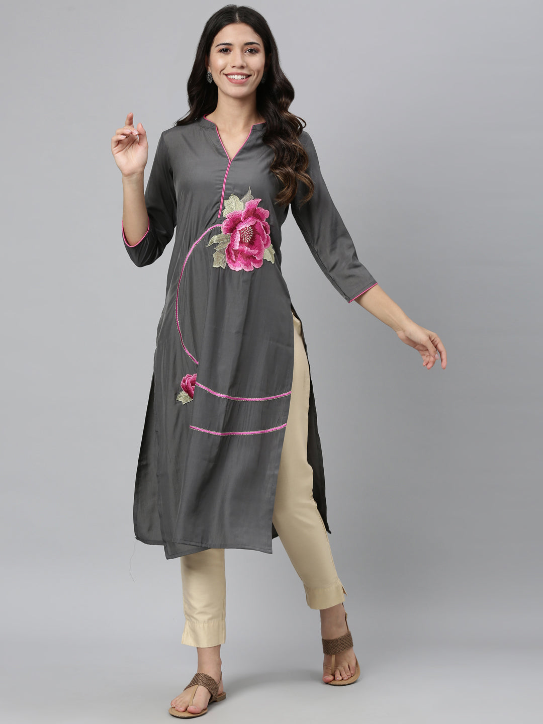 Neerus Grey viscose rayon embroidered kurti - detail view 1