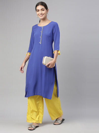 Neeru'S royal blue color, slub rayon fabric kurta