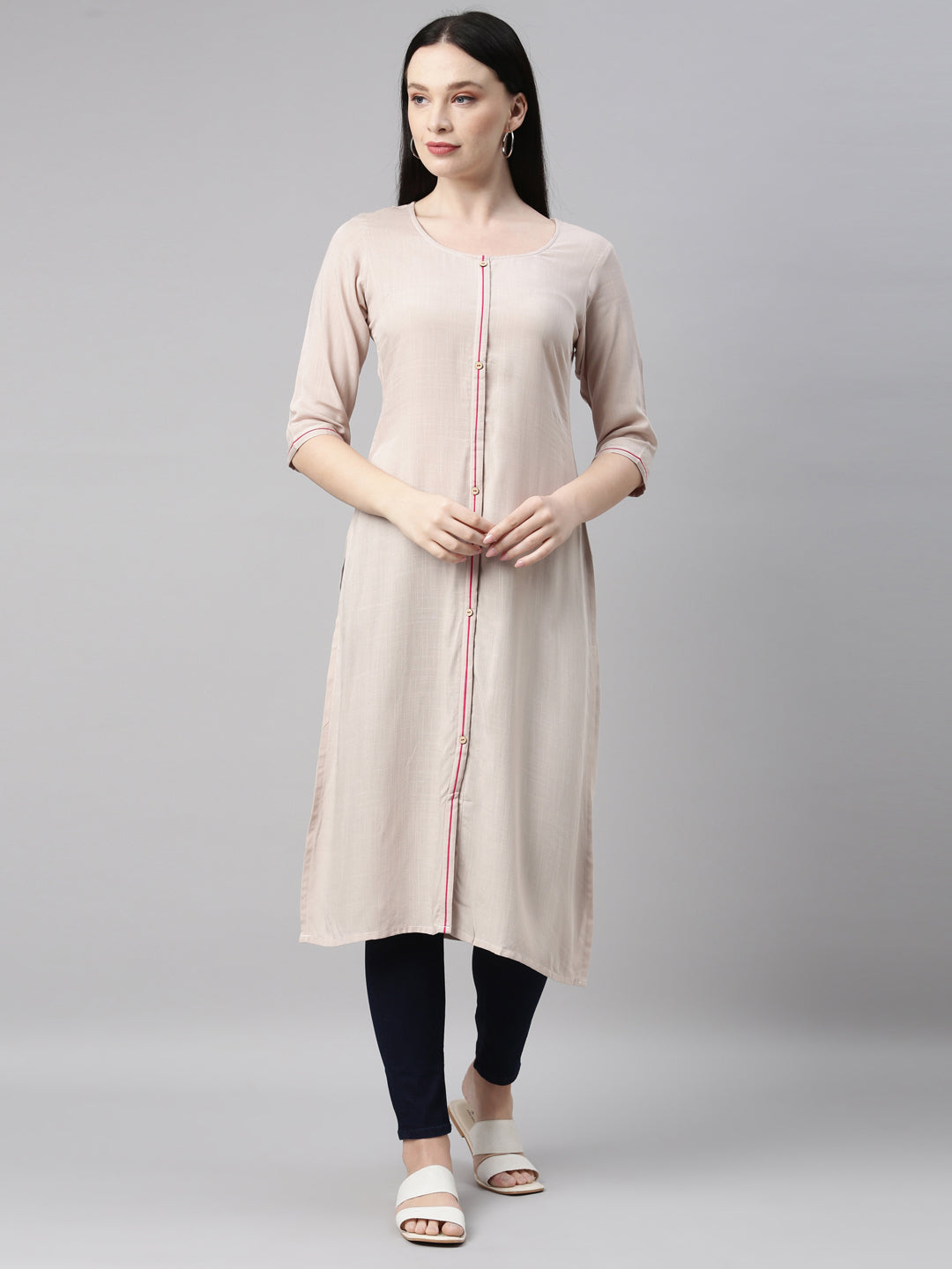 Neerus Beige straight kurti - front view