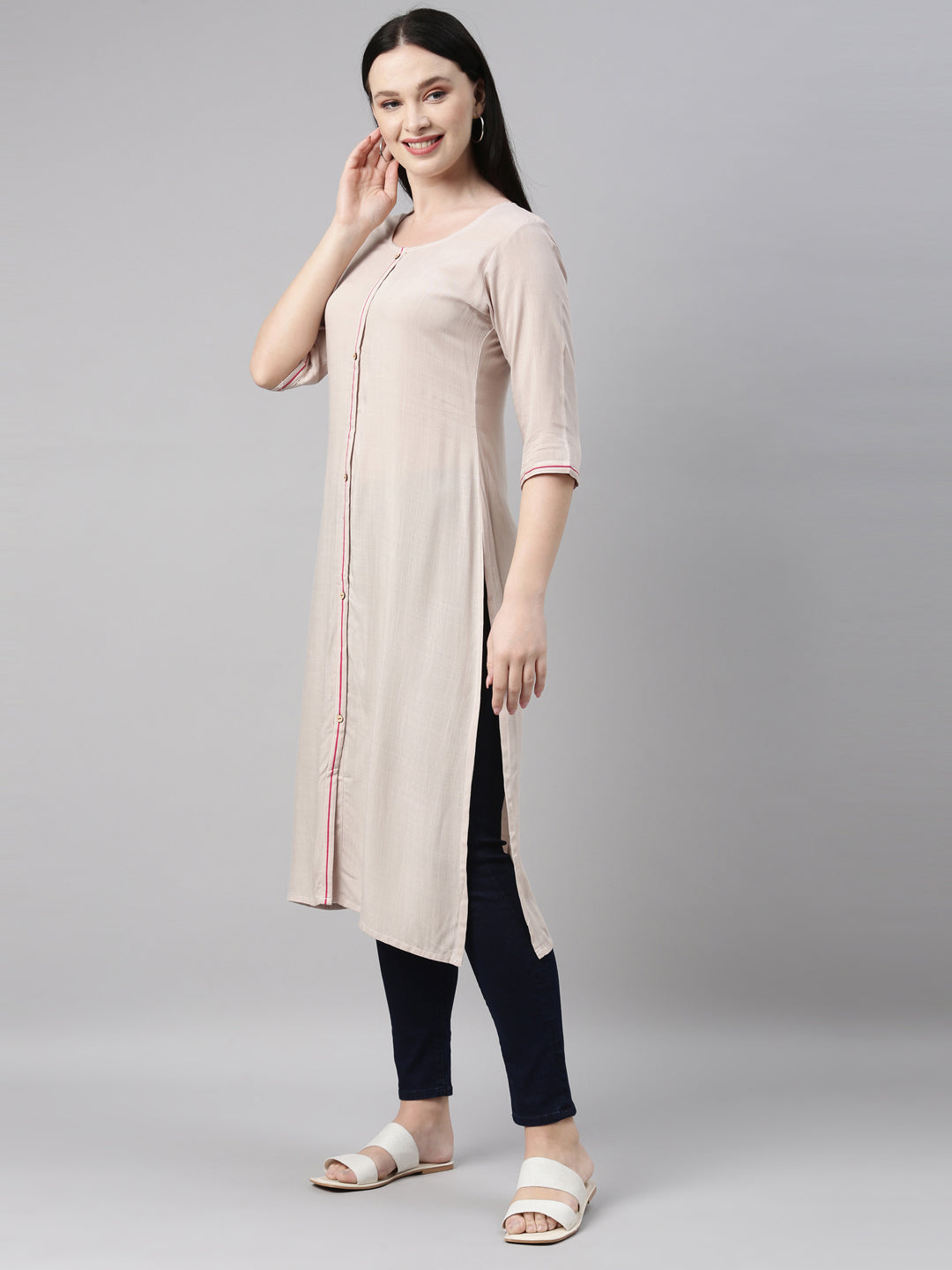 Neerus Beige straight kurti - side view