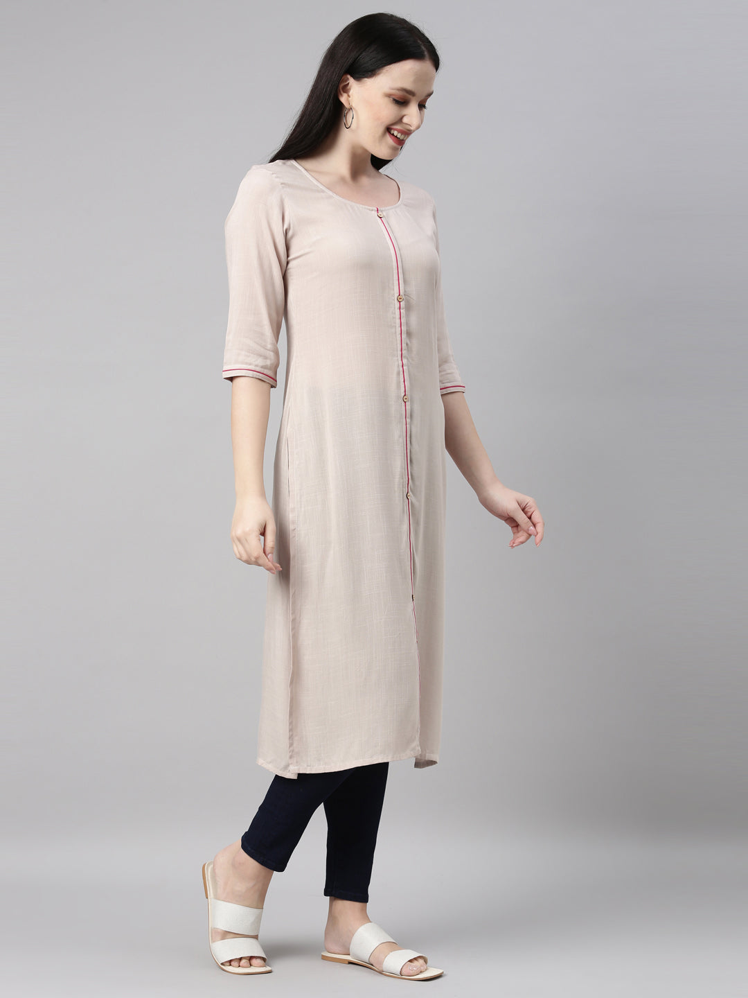 Neerus Beige straight kurti - detail view 1