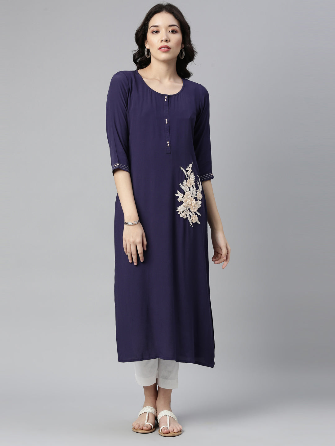 Neerus Blue chiffon solid kurta - front view