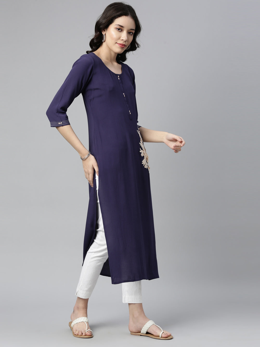 Neerus Blue chiffon solid kurta - back view