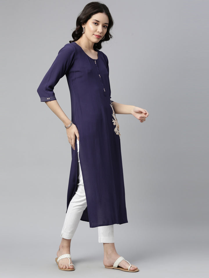 Neerus Blue chiffon solid kurta - back view