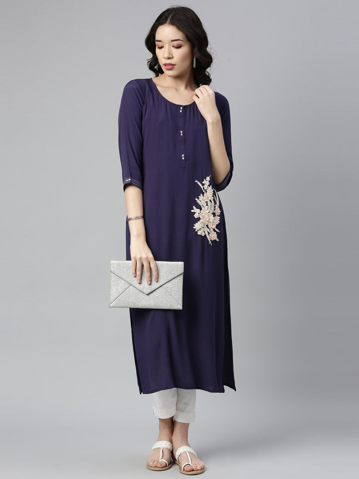 Neerus Blue chiffon solid kurta - detail view 2