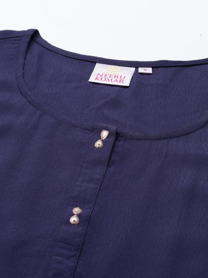 Neerus Blue chiffon solid kurta - detail view 3