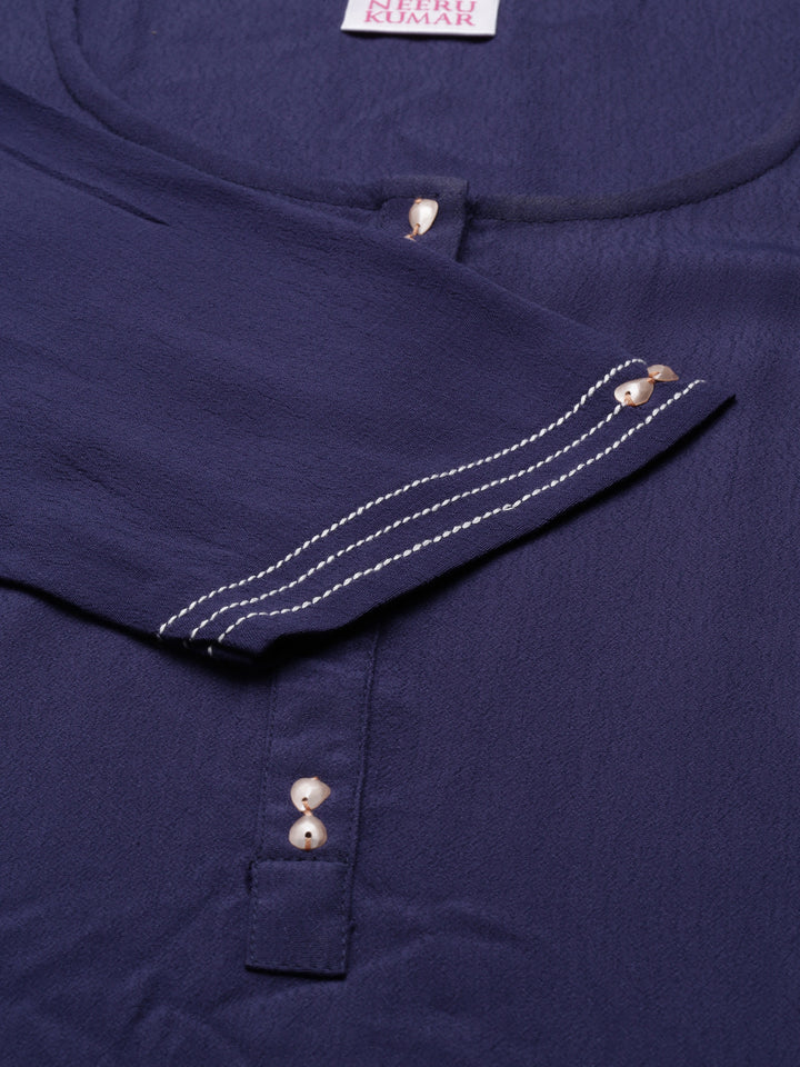 Neerus Blue chiffon solid kurta - detail view 4
