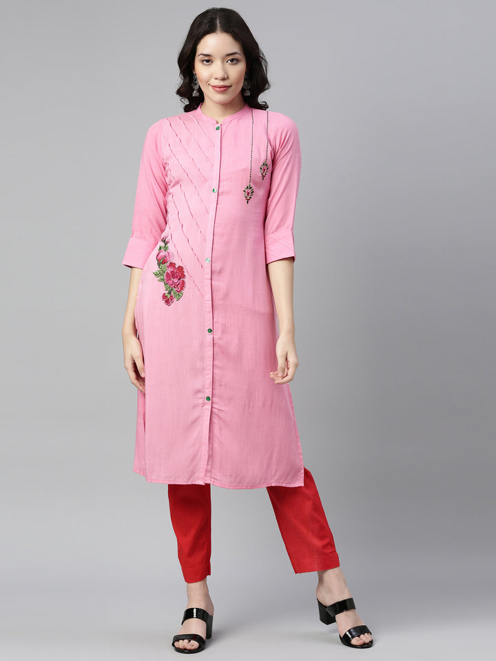 Neerus Baby Pink Color Slub Rayon Fabric Kurta