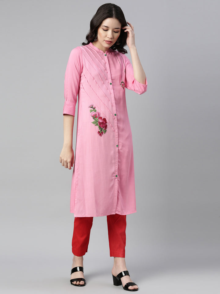 Neerus Baby Pink Color Slub Rayon Fabric Kurta