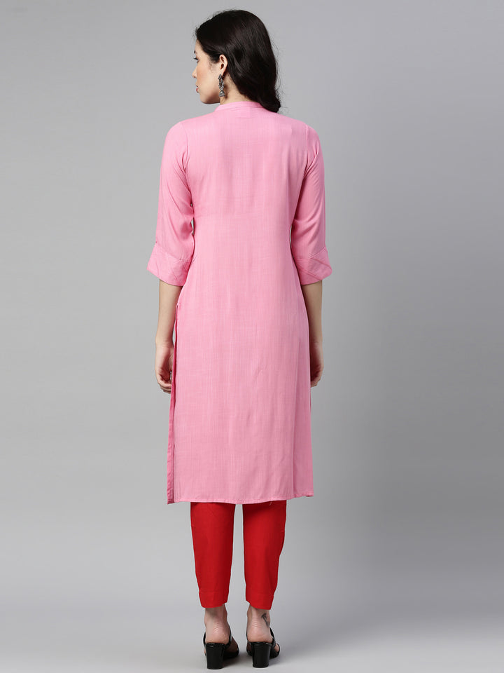 Neerus Baby Pink Color Slub Rayon Fabric Kurta