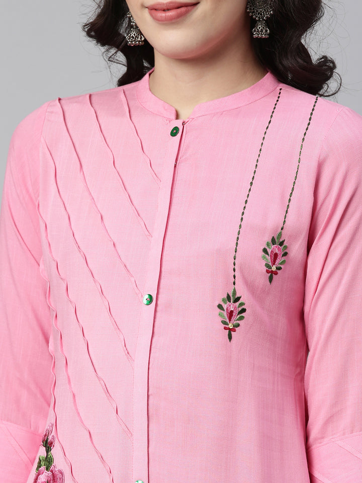 Neerus Baby Pink Color Slub Rayon Fabric Kurta
