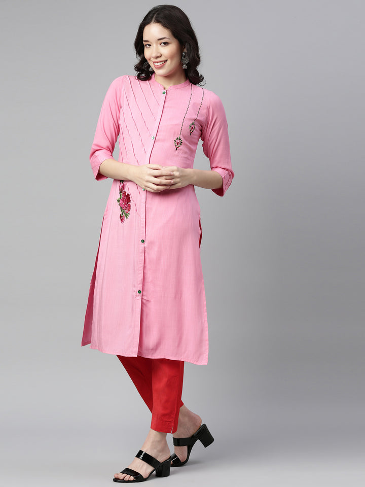 Neerus Baby Pink Color Slub Rayon Fabric Kurta