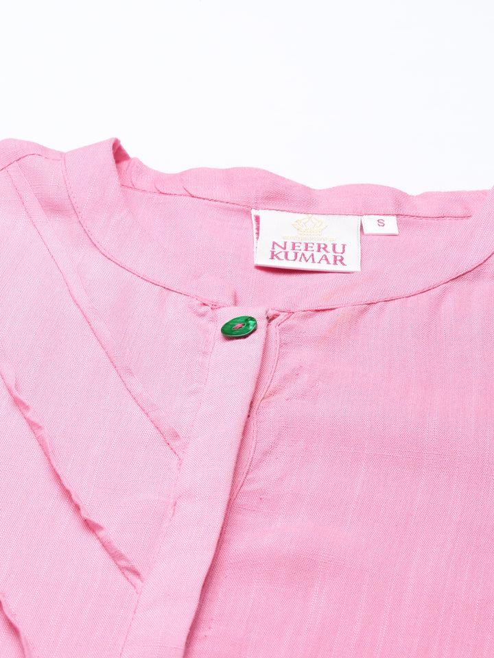 Neerus Baby Pink Color Slub Rayon Fabric Kurta