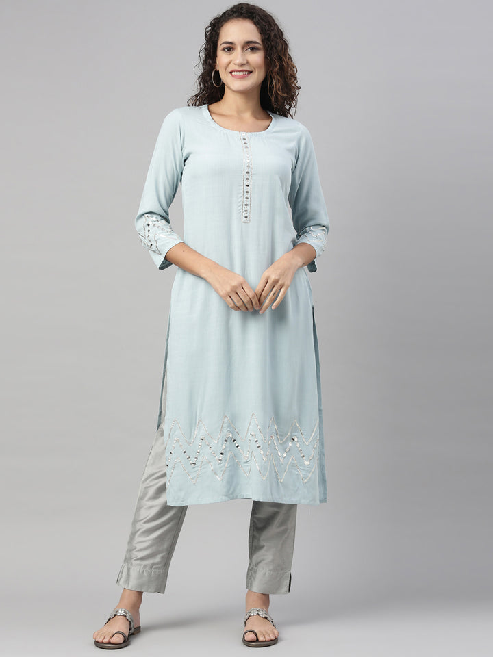 Neerus Aqua Color Slub Rayon Fabric Kurta