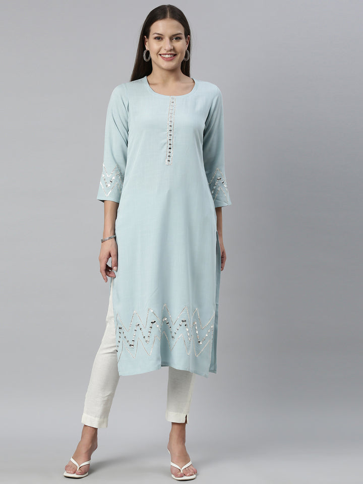 Neerus Aqua Color Slub Rayon Fabric Kurta
