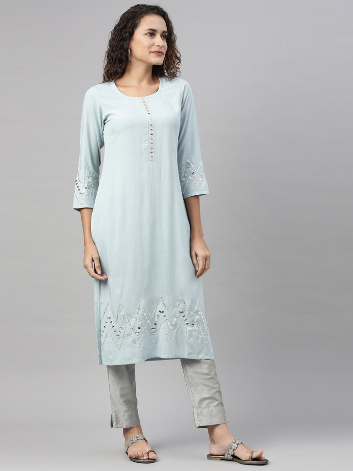 Neerus Aqua Color Slub Rayon Fabric Kurta
