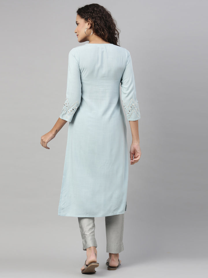 Neerus Aqua Color Slub Rayon Fabric Kurta