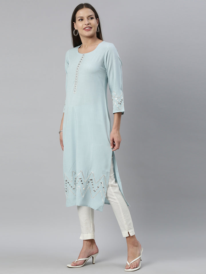 Neerus Aqua Color Slub Rayon Fabric Kurta
