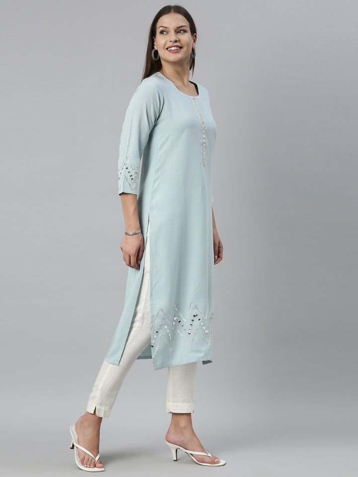 Neerus Aqua Color Slub Rayon Fabric Kurta