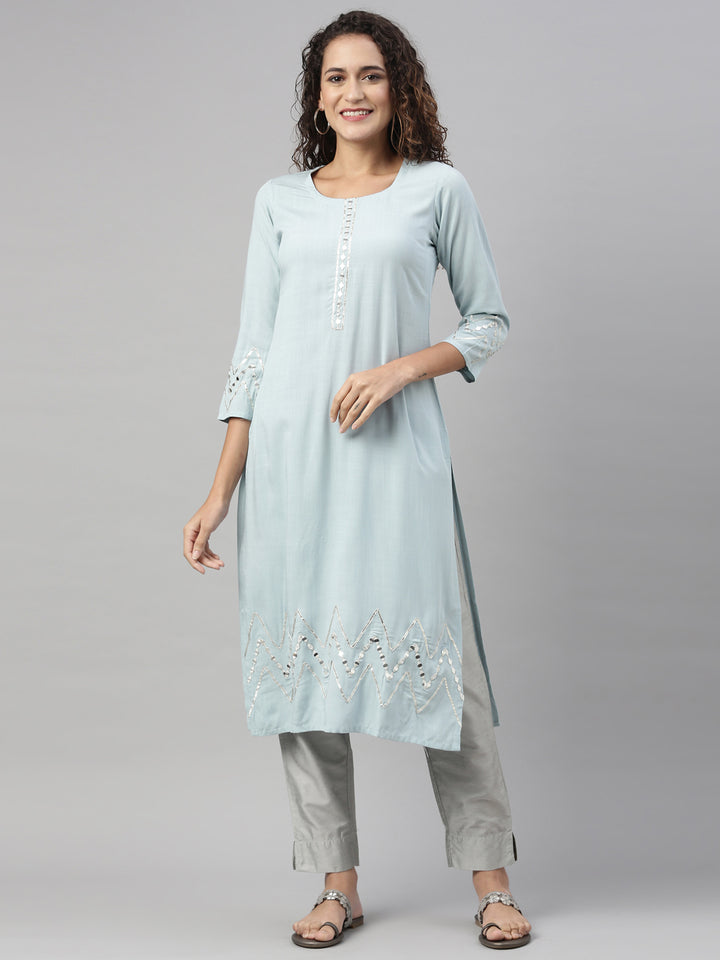 Neerus Aqua Color Slub Rayon Fabric Kurta