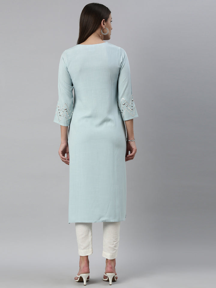 Neerus Aqua Color Slub Rayon Fabric Kurta