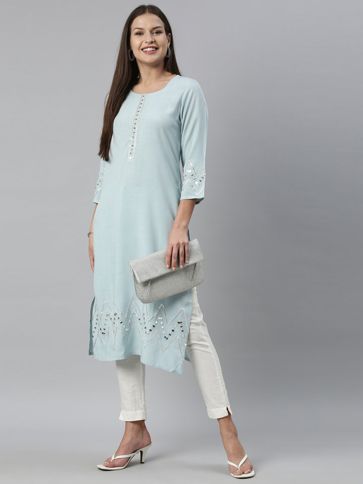 Neerus Aqua Color Slub Rayon Fabric Kurta