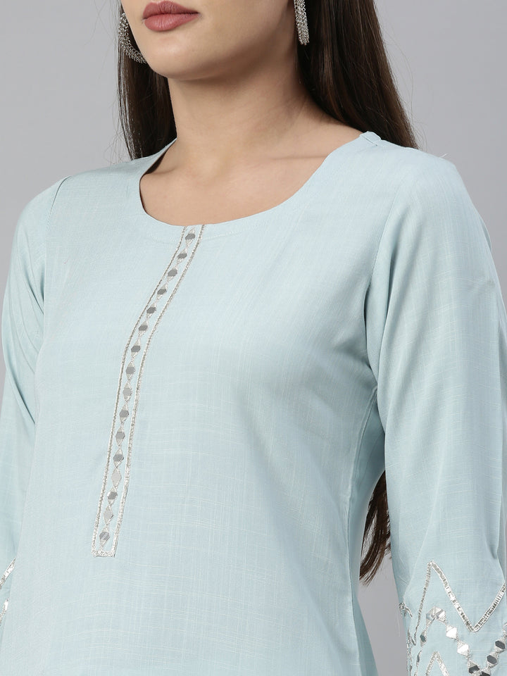 Neerus Aqua Color Slub Rayon Fabric Kurta