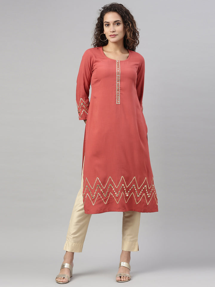 Neerus Rust Color Slub Rayon Fabric Kurta