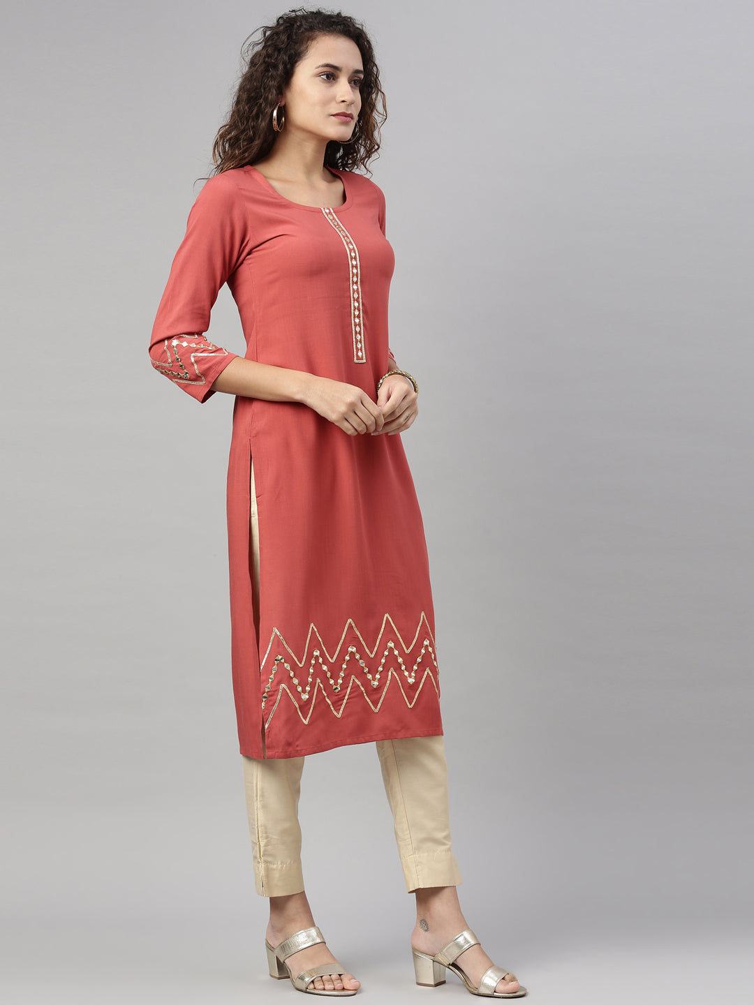Neerus Rust Color Slub Rayon Fabric Kurta