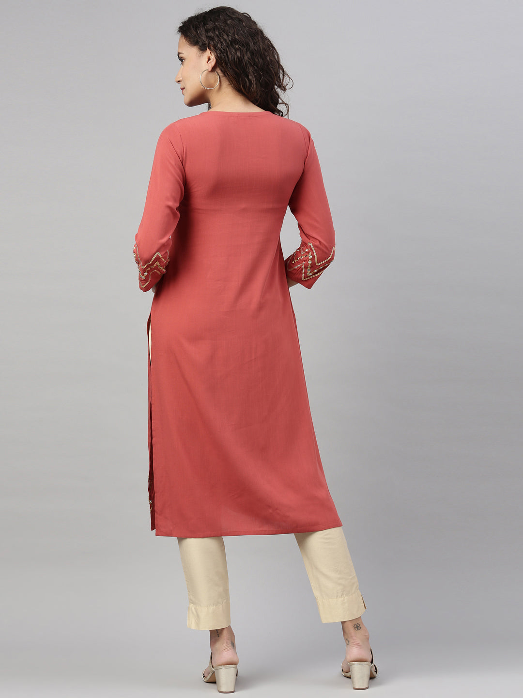 Neerus Rust Color Slub Rayon Fabric Kurta