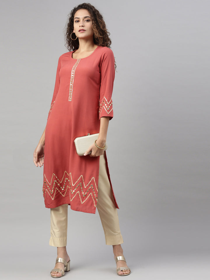 Neerus Rust Color Slub Rayon Fabric Kurta