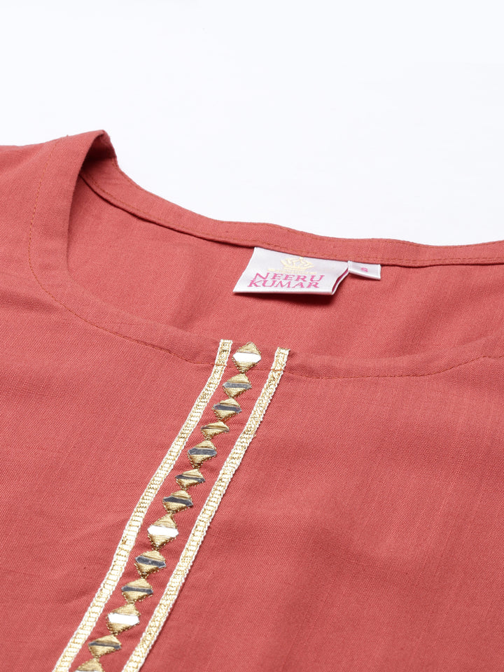 Neerus Rust Color Slub Rayon Fabric Kurta