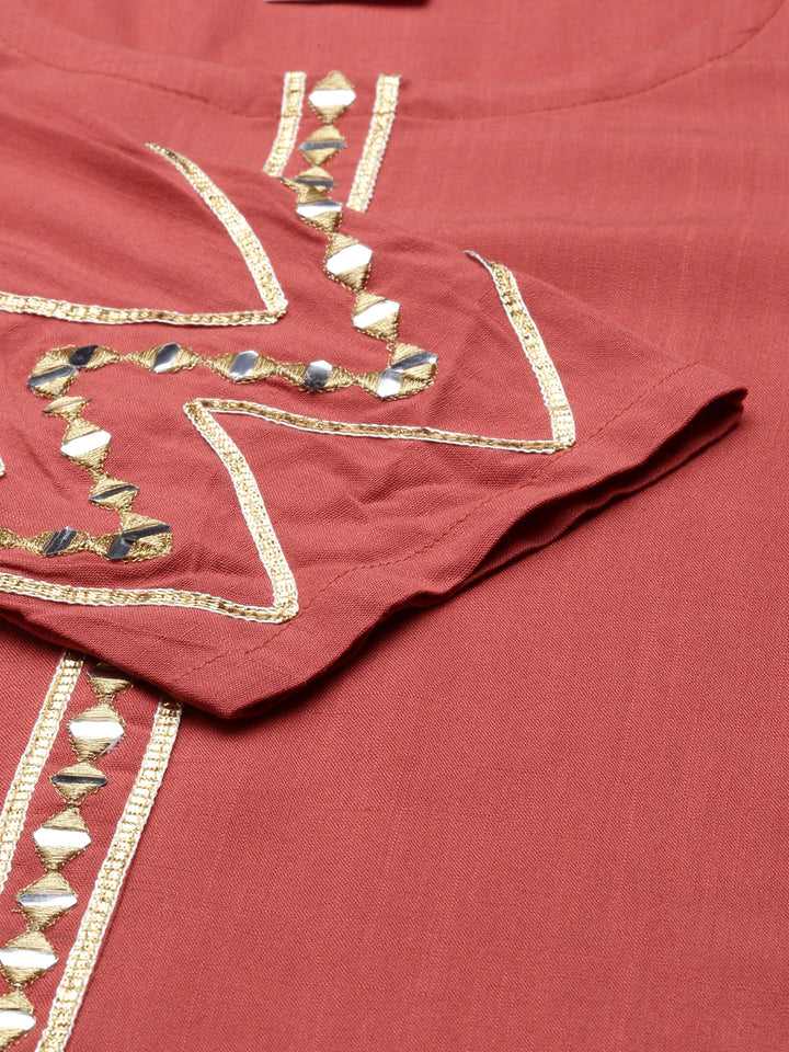 Neerus Rust Color Slub Rayon Fabric Kurta