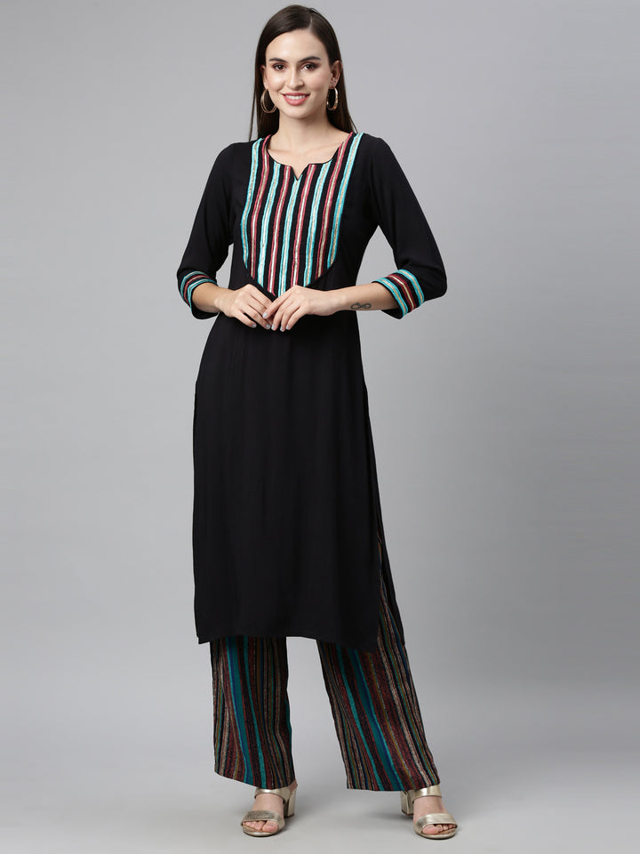 Neerus Black Color Viscose Rayon Fabric Kurta Sets