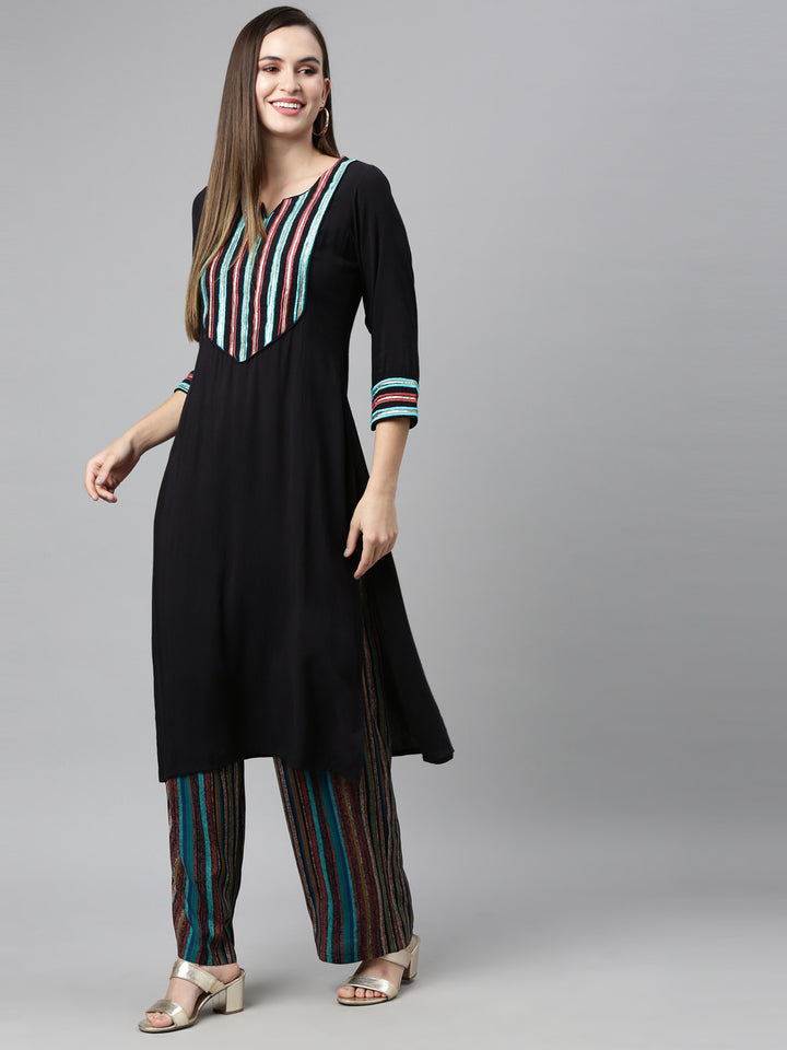 Neerus Black Color Viscose Rayon Fabric Kurta Sets