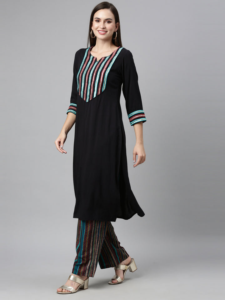 Neerus Black Color Viscose Rayon Fabric Kurta Sets