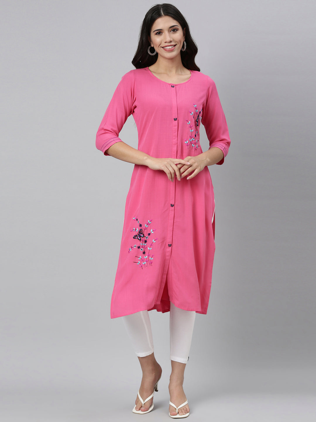 Neerus Pink Color Slub Rayon Fabric Kurta