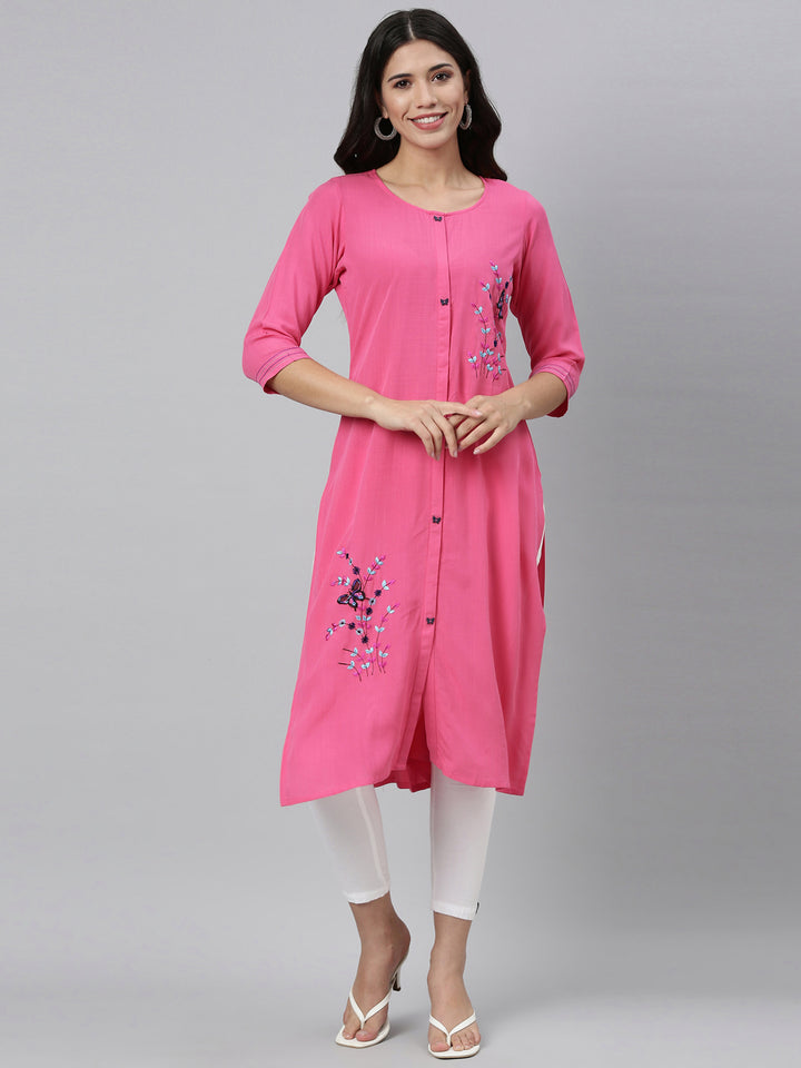 Neerus Pink Color Slub Rayon Fabric Kurta