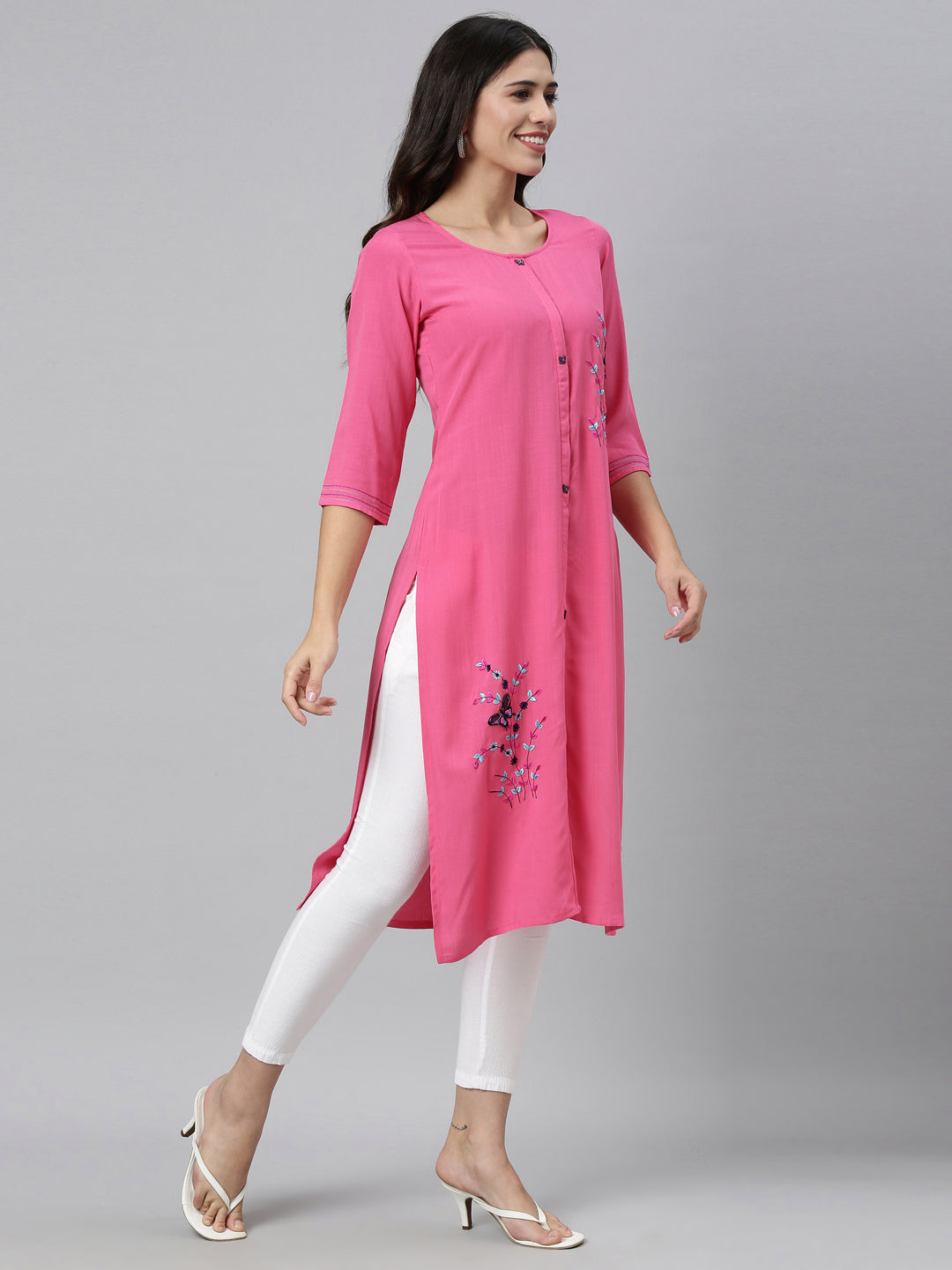 Neerus Pink Color Slub Rayon Fabric Kurta